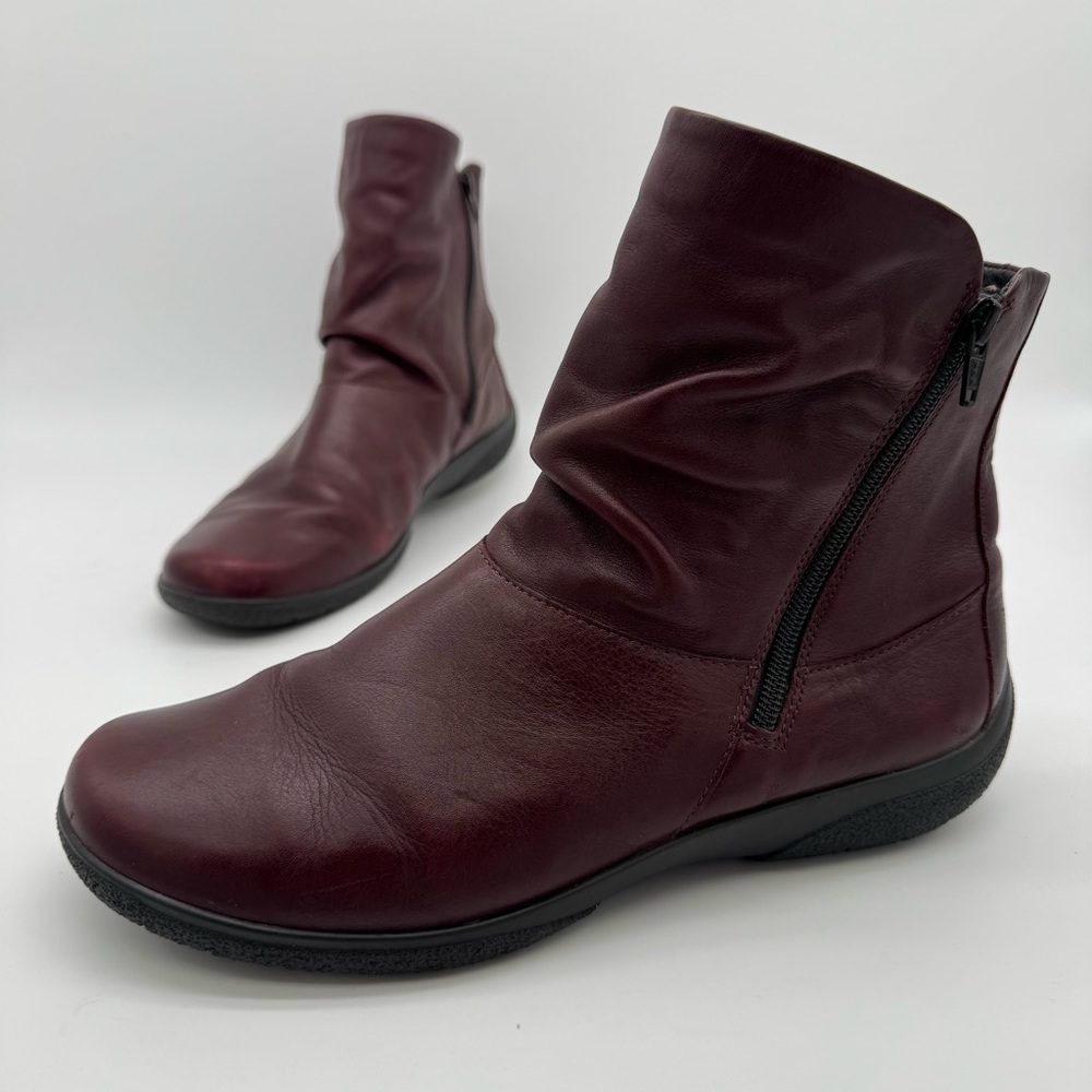 Hotter Whisper Wine Leather Ruched Dual Zip Ankle Boot Size 11